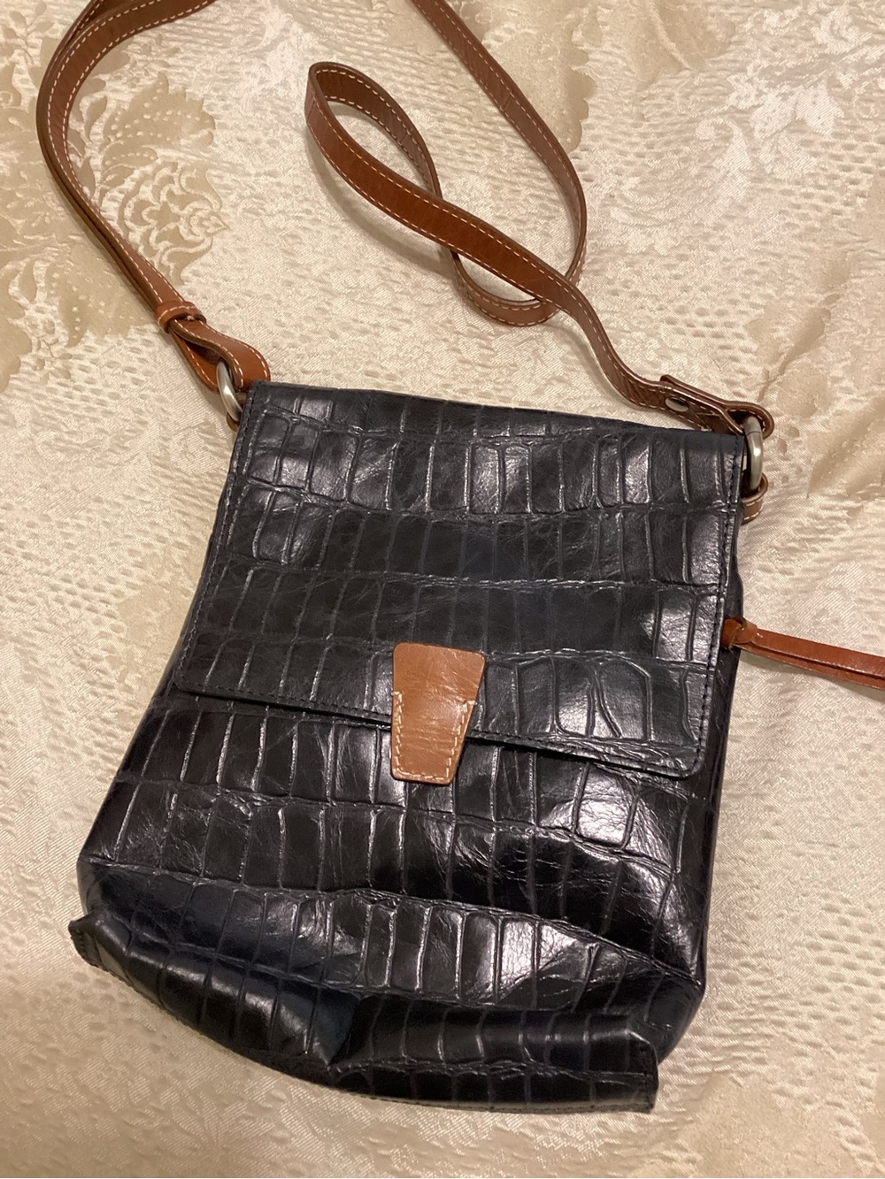 Black Croc-Embossed Messenger Bag with Tan Trim
